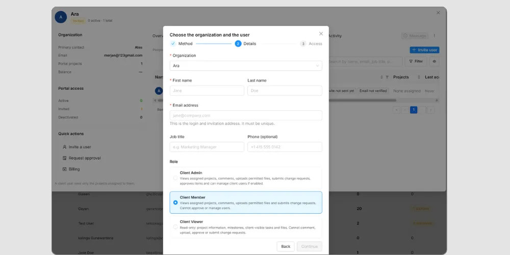 Three client roles and per-project access